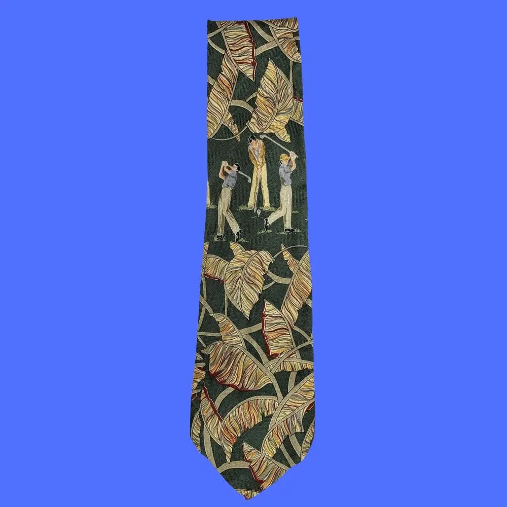 Vintage Tommy Bahama Necktie Green Tropical Golf Print Silk USA Made Career Wide